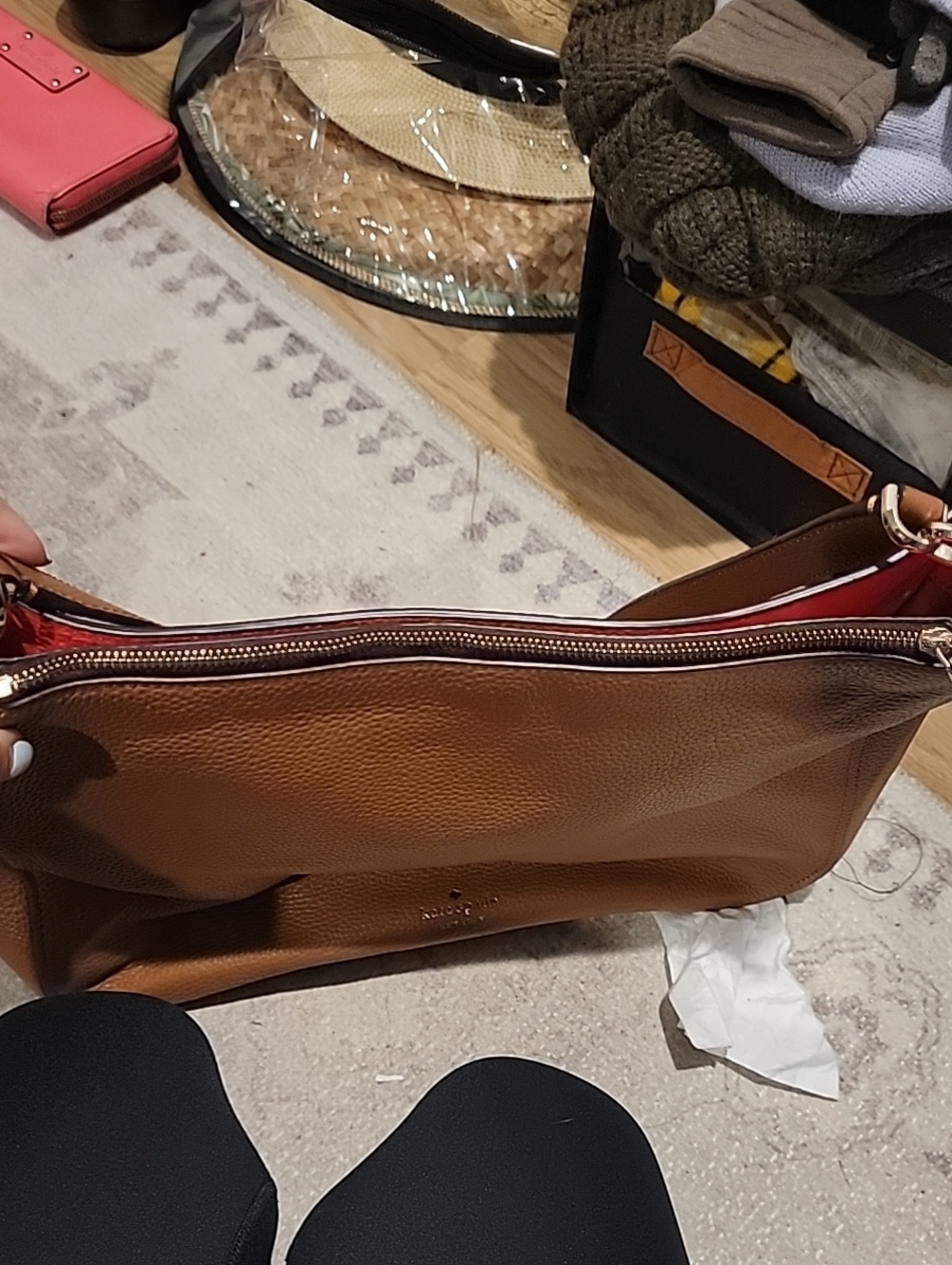 kate spade Brown Pebbled Leather Hobo Shoulder Bag with Coral Trim - Picture 10 of 15